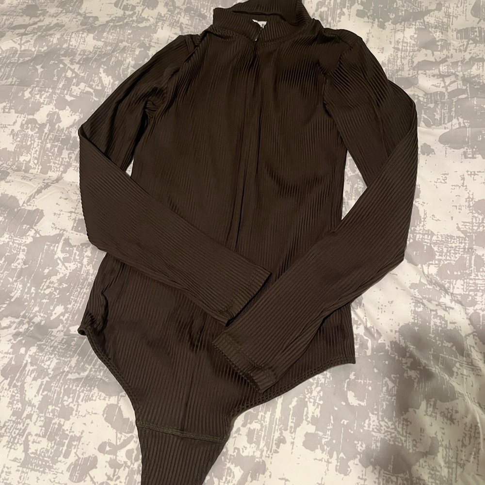 Abercrombie & Fitch Ribbed Bodysuit with Full Zipper Long Sleeve Medium Olive